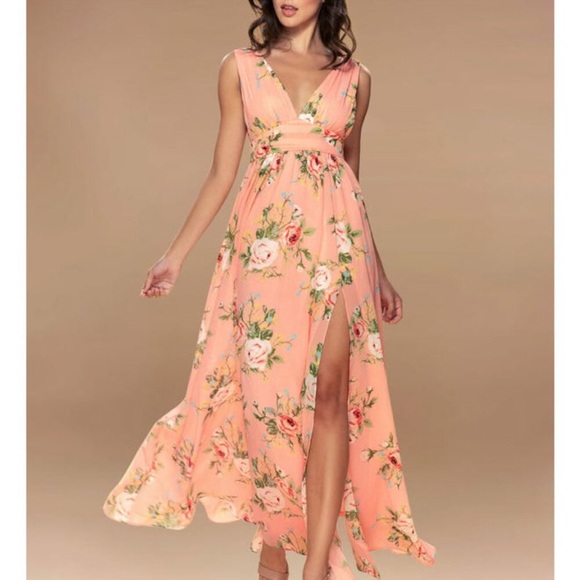Azazie Dresses & Skirts - NWT - Peach/Coral Mark Versailles Floral Print Maxi Dress